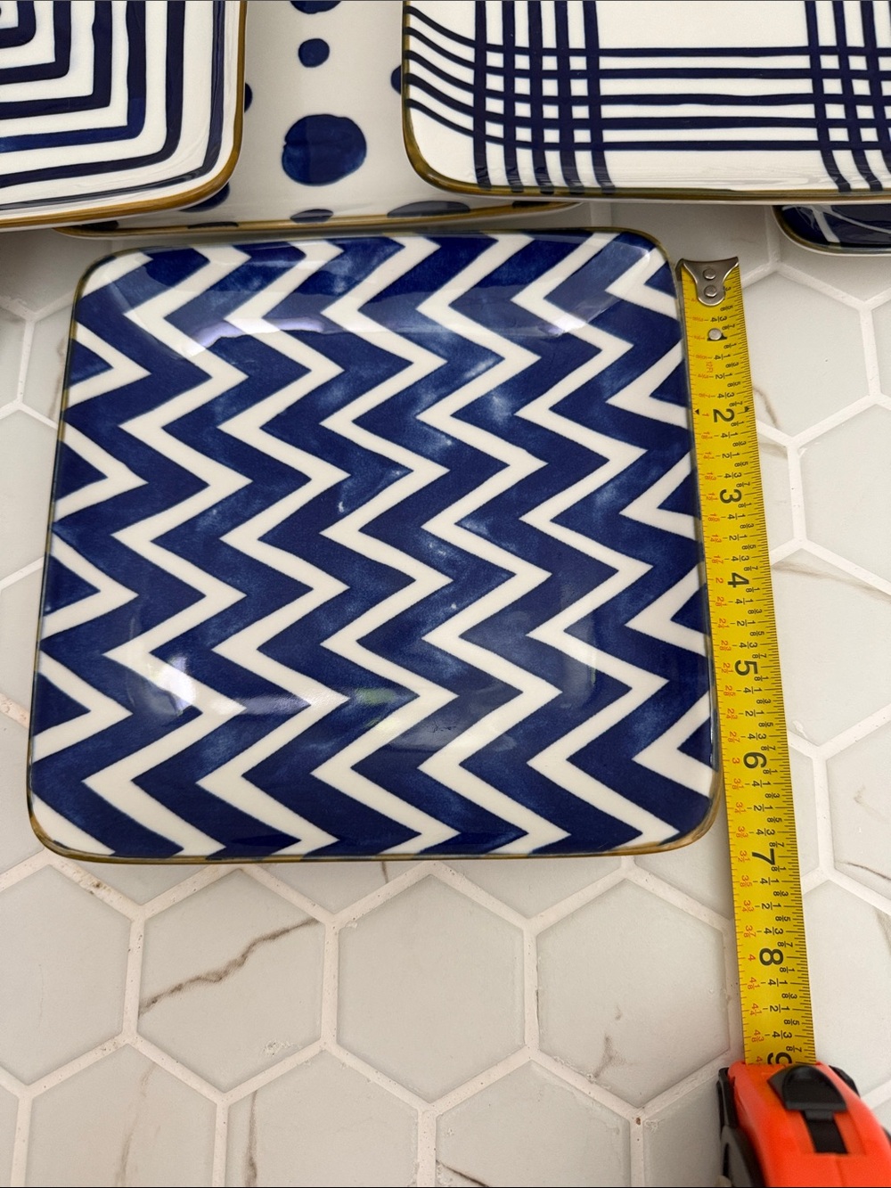 Navy & White Ceramic side plates Set with Gold Trim - 6-Pack - Picture 4 of 5